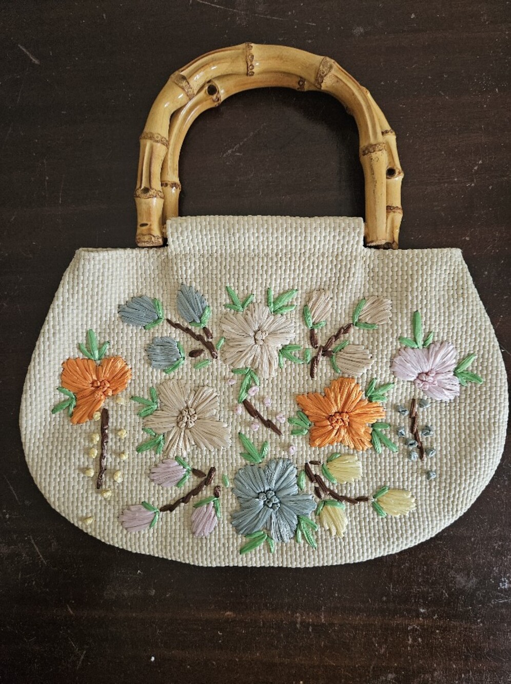 Old Navy Vintage Y2K Cottagecore Floral Embroidered Straw Bag Bamboo Handle